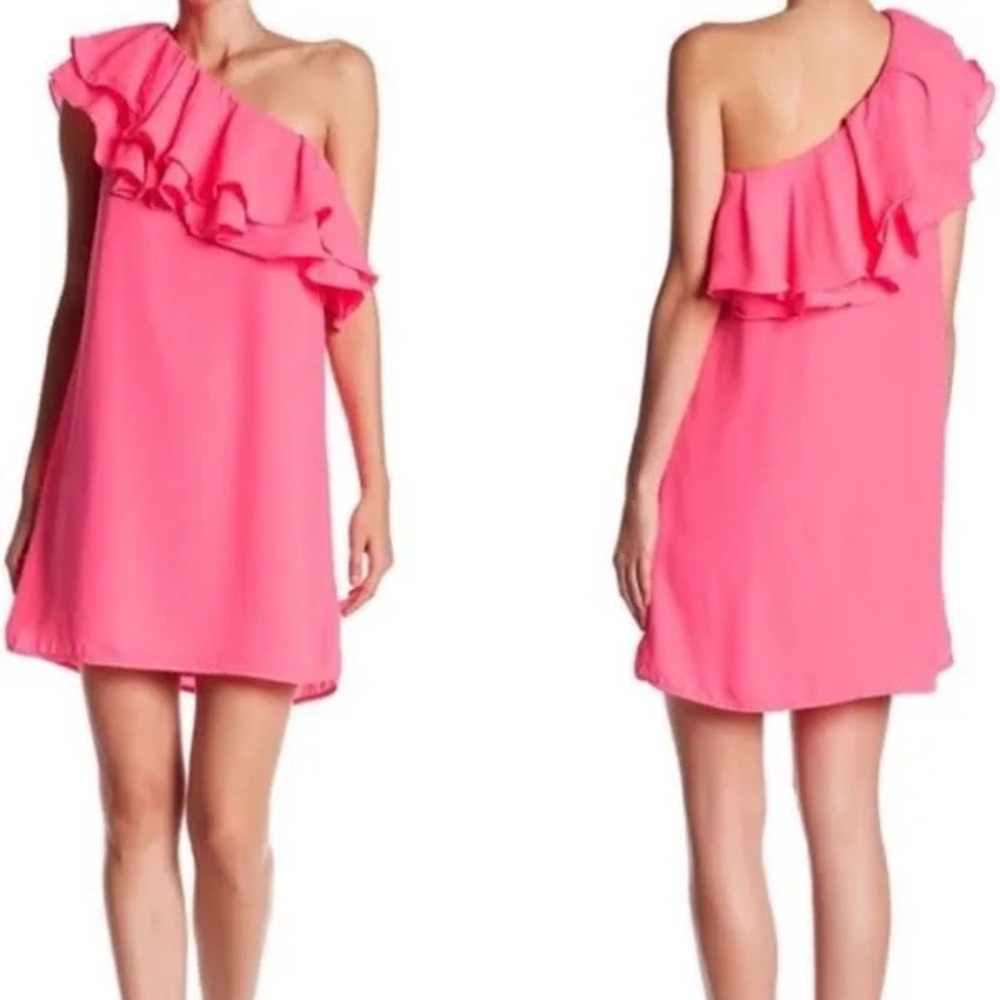 Pink one shoulder ruffle dress
